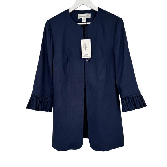 NWT Sara Campbell Carmen Linen Jacket Size 4 Navy Ruffle Cuff Coastal Preppy - Picture 13 of 16
